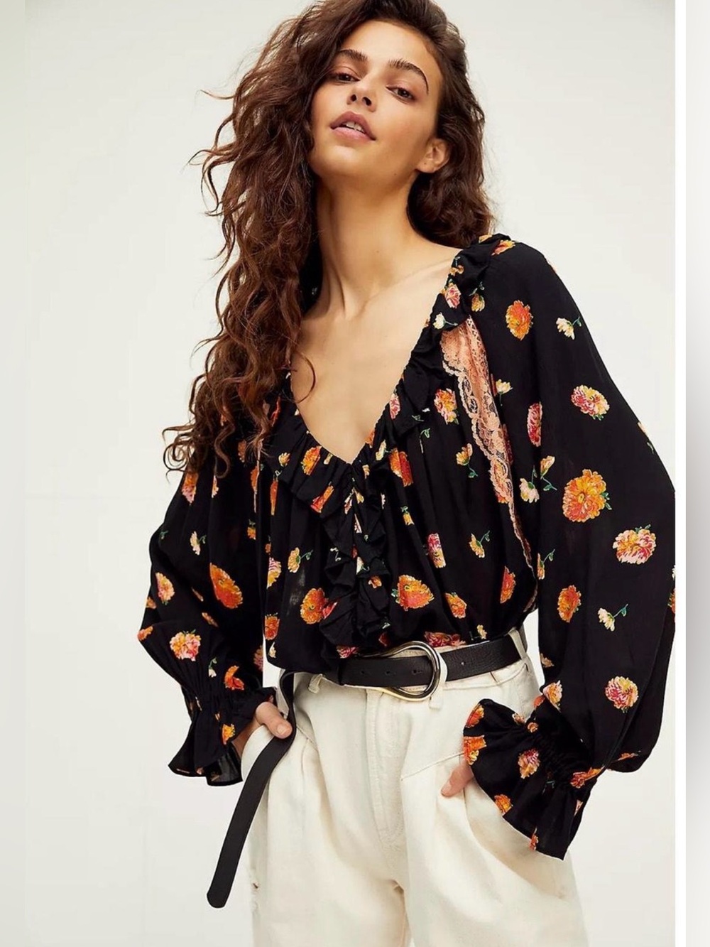 Free People Intimately Floral Bodysuit Black Lace Ruffle Long Sleeve XS
